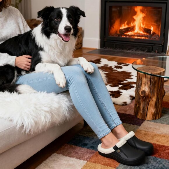 Women Black/White Clogs Waterproof Winter Fuzzy Slippers Classic Fur Lined - Picture 2 of 6